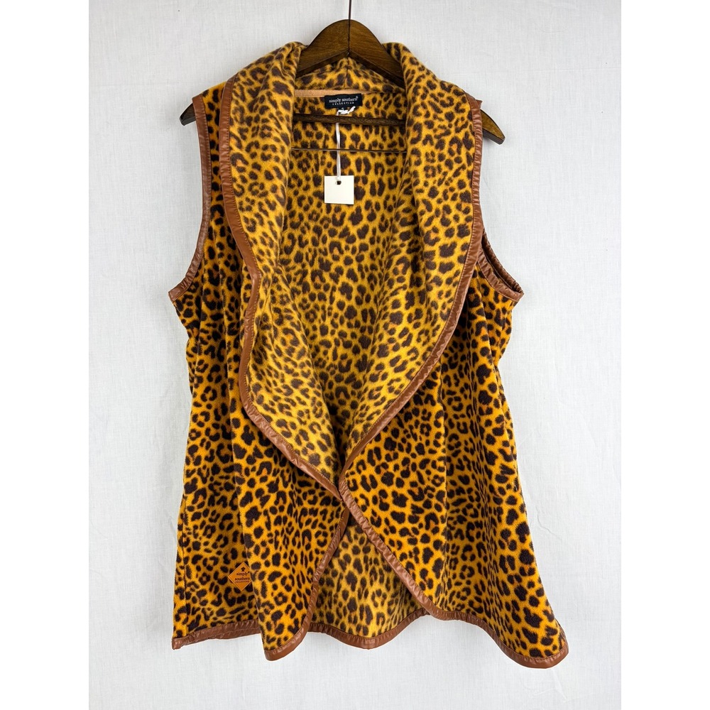 Simply Southern Womens Leopard Print Fleece Open Front Drape Vest Brown Small - Picture 2 of 12
